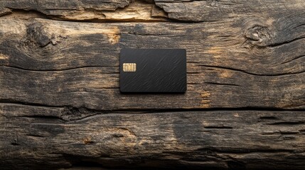 Poster - A minimalist scene featuring a black card with a chip, placed on textured rustic wood, combining modern design with natural elements. Concept: Black Card, Chip Technology, Rustic Design