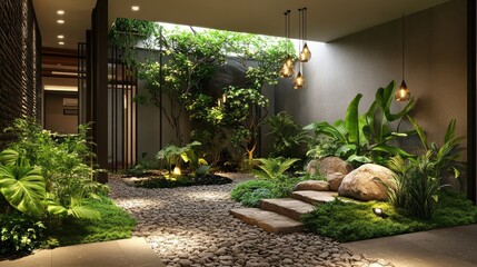 Aufkleber - A modern indoor garden featuring lush greenery, rocks, and hanging pendant lights, creating a serene and contemporary decor. Concept: Indoor Garden Design, Lush Greenery, Contemporary Decor