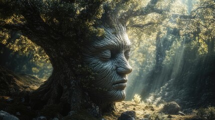 Aufkleber - A mystical, surreal landscape where a tree's form morphs into a human face, symbolizing the connection between nature and humanity in a dreamlike setting. Concept: Tree with Human Face, Surreal Nature