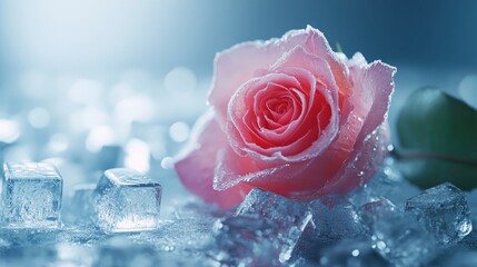 Aufkleber - A pink rose frozen in a block of ice, surrounded by smaller ice cubes, showcasing the vibrant and delicate beauty of frozen floral art. Concept: Frozen Rose, Ice Cube Elegance, Floral Beauty
