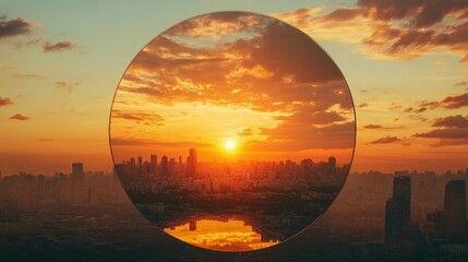 Poster - A round mirror reflecting a breathtaking sunset over a city skyline, capturing the beauty of the golden hour. Concept: Sunset Reflection, Urban Landscape, Round Mirror, Golden Hour