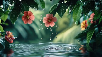 Poster - A serene scene of rippling water with droplets falling, framed by lush green leaves and colorful flowers, evoking a peaceful and vibrant atmosphere. Concept: Droplets, Rippling Water, Vibrant Flora