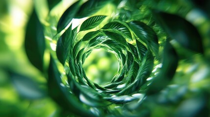 Poster - A swirl of green leaves creates a soft, natural vortex effect with blurred backgrounds, emphasizing freshness and the beauty of nature. Concept: Green Leaves, Nature Vortex, Freshness and Nature