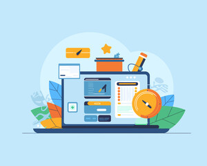 Poster - Productivity app design on laptop with elements, work from home concept