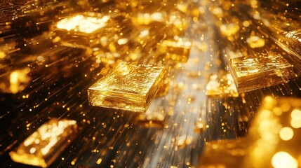 Poster - golden rectangles float in digital space, creating mesmerizing, futuristic scene with glowing pathwa