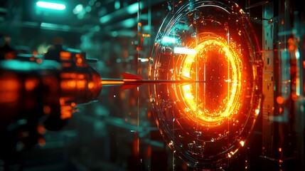 Poster - Cyberpunk Arrow Striking Glowing Target: A Futuristic Vision of Innovation and Progress