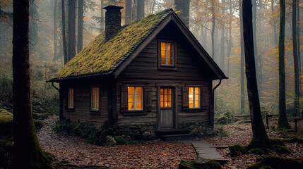 Poster - rustic wooden cabin surrounded by trees, with moss covered roof and warm glowing windows, creating cozy and inviting atmosphere in serene forest setting