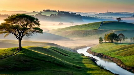 Poster - Serene Sunrise Over Rolling Green Hills and a Winding River Valley