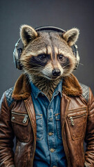 Wall Mural - Humorous raccoon wearing headphones and a leather jacket.