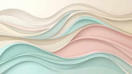 Poster - a soft, flowing paper cut wave design in pastel beige, soft teal, and blush pink, with smooth layers