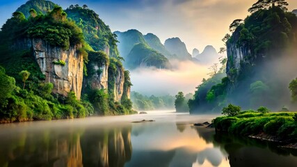 Poster - Misty Sunrise Over a Serene River and Lush Green Cliffs