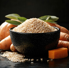 Poster - black bowl filled with sesame seeds is surrounded by fresh vegetables, including carrots and pumpkin. vibrant colors and textures create warm and inviting atmosphere, perfect for culinary