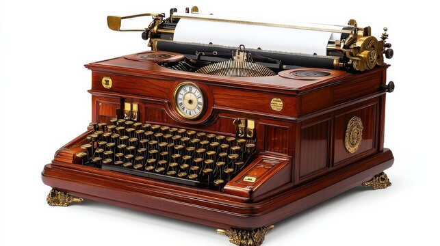Antique Wooden Typewriter with Gold Accents and Classic Design