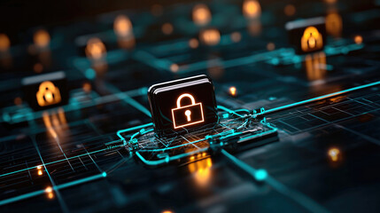 Aufkleber - digital network featuring prominent lock symbol, representing cybersecurity and data protection. glowing elements create futuristic atmosphere, emphasizing importance of secure connections