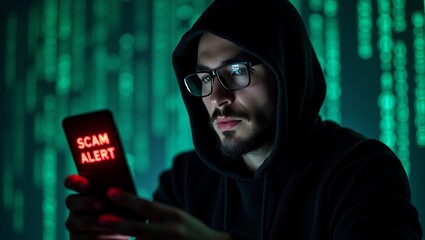 Poster - A young Caucasian male in a hoodie focused on a smartphone displaying 'SCAM ALERT' against a digital green code background.