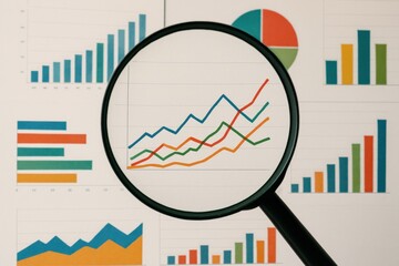 Poster - Data Analysis in Focus: A close-up shot of business graphics under a magnifying glass, capturing a detailed analysis of the data, visualizing the growth, and potential trends.