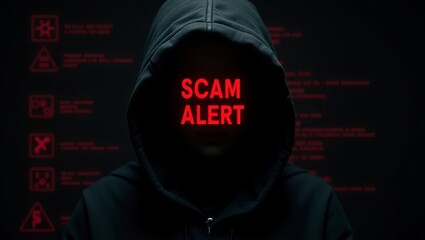 Poster - Mysterious figure in a black hoodie with 'SCAM ALERT' glowing in red, symbolizing online security threats.
