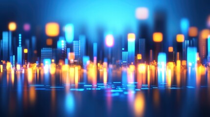 Poster - A vibrant, futuristic cityscape with glowing buildings and colorful lights reflecting on a smooth surface, creating a dynamic visual atmosphere.