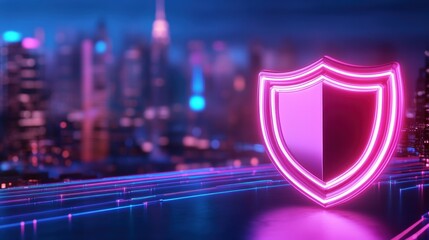 Poster - A glowing pink shield symbol against a futuristic cityscape, representing security and protection in a vibrant, digital environment.