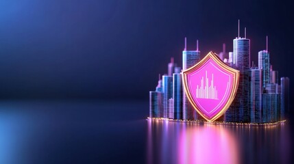 Poster - A futuristic city skyline with a prominent shield symbol, representing security and technology in a digital environment.