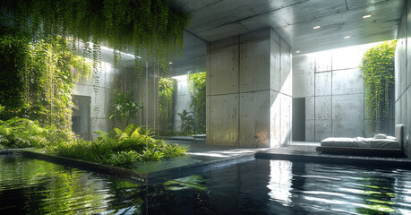 Poster - serene interior space featuring concrete walls and lush greenery, creating harmonious blend of nature and modern design. tranquil water reflects vibrant plants, enhancing peaceful atmosphere