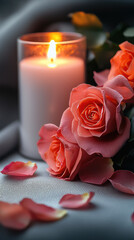 Poster - beautiful arrangement of pink roses is placed beside glowing candle, creating warm and romantic atmosphere. soft petals and gentle light evoke feelings of love and tranquility