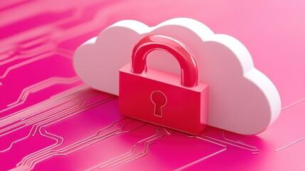Poster - A cloud with a padlock symbolizes cybersecurity and data protection in a vibrant pink color scheme.