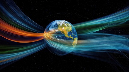 Poster - Conceptual image of a global communication network, illustrating radio waves traveling between satellites and antennas around the planet illustration