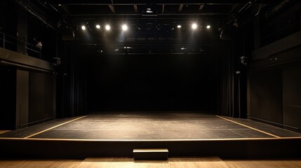 Poster - A contemporary black box stage with plain black walls, minimalist design, and bright overhead lighting illuminating the space. illustration