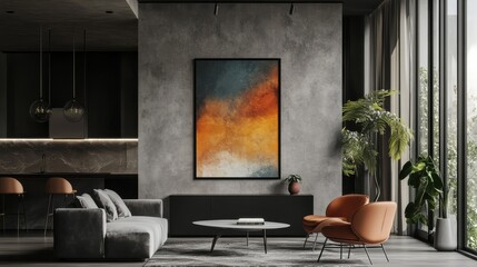 Poster - mockup poster frame in minimalist modern interior background, 3d render illustration
