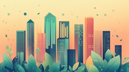 Poster - Colorful abstract cityscape with bar graphs and greenery illustration