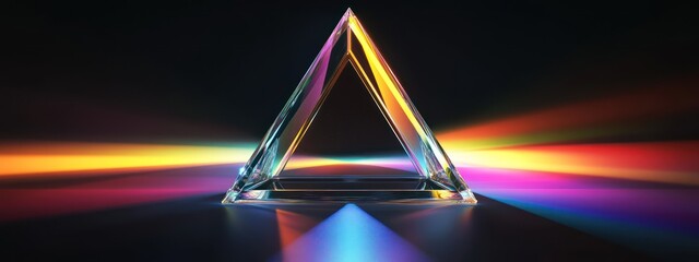 Wall Mural - an artistic rendering of an illuminated glass pyramid, reflecting rainbow light beams on a dark back