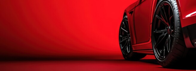red background with car tire. new black rubber patch on the side of a new premium sporty-patterned t