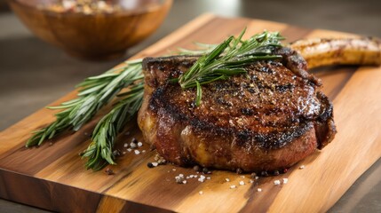 Poster - Marbled ribeye steak showcases rich textures and gourmet appeal, seasoned with coarse salt and black pepper on a wooden cutting board with rosemary