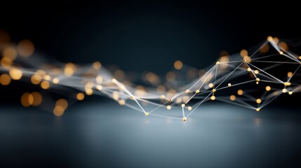 Fototapete - Abstract design features golden dots and lines interconnected across a dark blue backdrop, symbolizing technology and global connections in a sleek manner