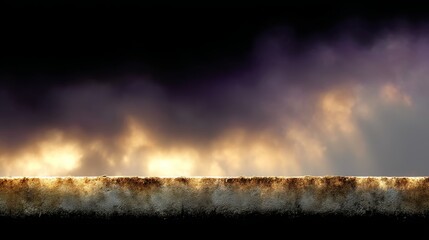Aufkleber - Soft beams of light filter through a narrow gap in a weathered wall, illuminating the textured surface as the sky darkens with vibrant orange and purple shades