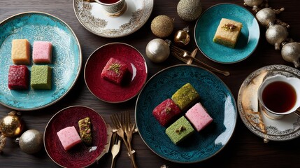 Poster - A vibrant assortment of Middle Eastern sweets is presented on ornate plates, complemented by golden accents and festive touches for a celebratory atmosphere