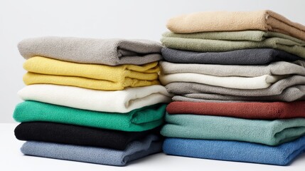 Poster - A stack of plush towels in soft, muted colors creates an inviting atmosphere, perfect for enhancing cozy moments and promoting relaxation at home