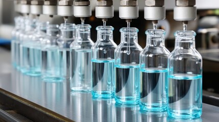 Poster - Medical vials are organized on a pharmaceutical production line as they undergo filling and sealing, highlighting the care and precision of the manufacturing process