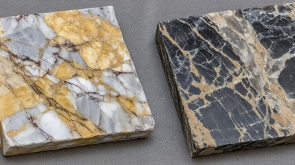 Aufkleber - Close-up of a luxurious marble surface with gold veins and a sleek black countertop, showcasing the blend of natural stone and modern design