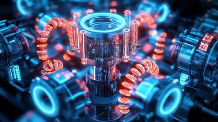 Poster - complex cyber machine reactor with rotating neon rings, interconnected robotic limbs background wall