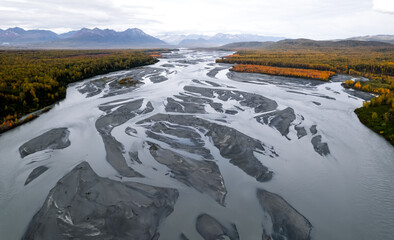 Wall Mural - scenic susitna river landscape in alaska aerial view.