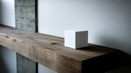 Fototapete - A blank white box is positioned on a wooden shelf, showcasing its clean design that invites custom branding. The rustic wood adds a natural element to the setup