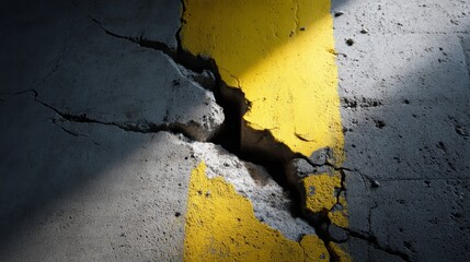 Poster - The weathered concrete wall showcases deep cracks and patches of yellow paint, illuminated by soft natural light, highlighting gritty urban textures and imperfections