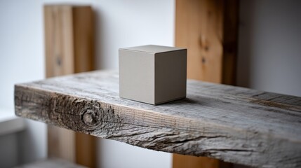 Aufkleber - A blank cardboard box is positioned on a rustic wooden shelf, featuring a clean design that highlights its potential for product packaging and branding opportunities