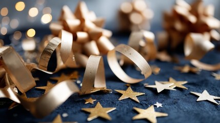 Fototapete - Golden stars and gilded ribbons adorn a rich navy blue backdrop, enhancing the festive spirit of Christmas and New Year with warmth and charm