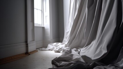 Poster - Sheer white curtains billow softly in the breeze while warm, evening light filters through, creating a calm and serene indoor ambiance perfect for relaxation