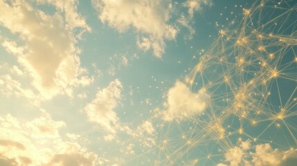 Poster - cybernetic sky with golden energy lines forming a digital network among the soft clouds. background 