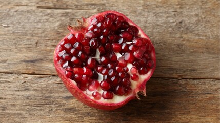 Poster - Perfectly ripe pomegranate cut in half to showcase the glistening red seeds, placed on aged wooden background, creating a warm and inviting food aesthetic