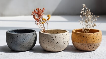 Poster - Three distinct decorative pots filled with dried flowers sit on a bright surface, catching sunlight and highlighting their texture and colors